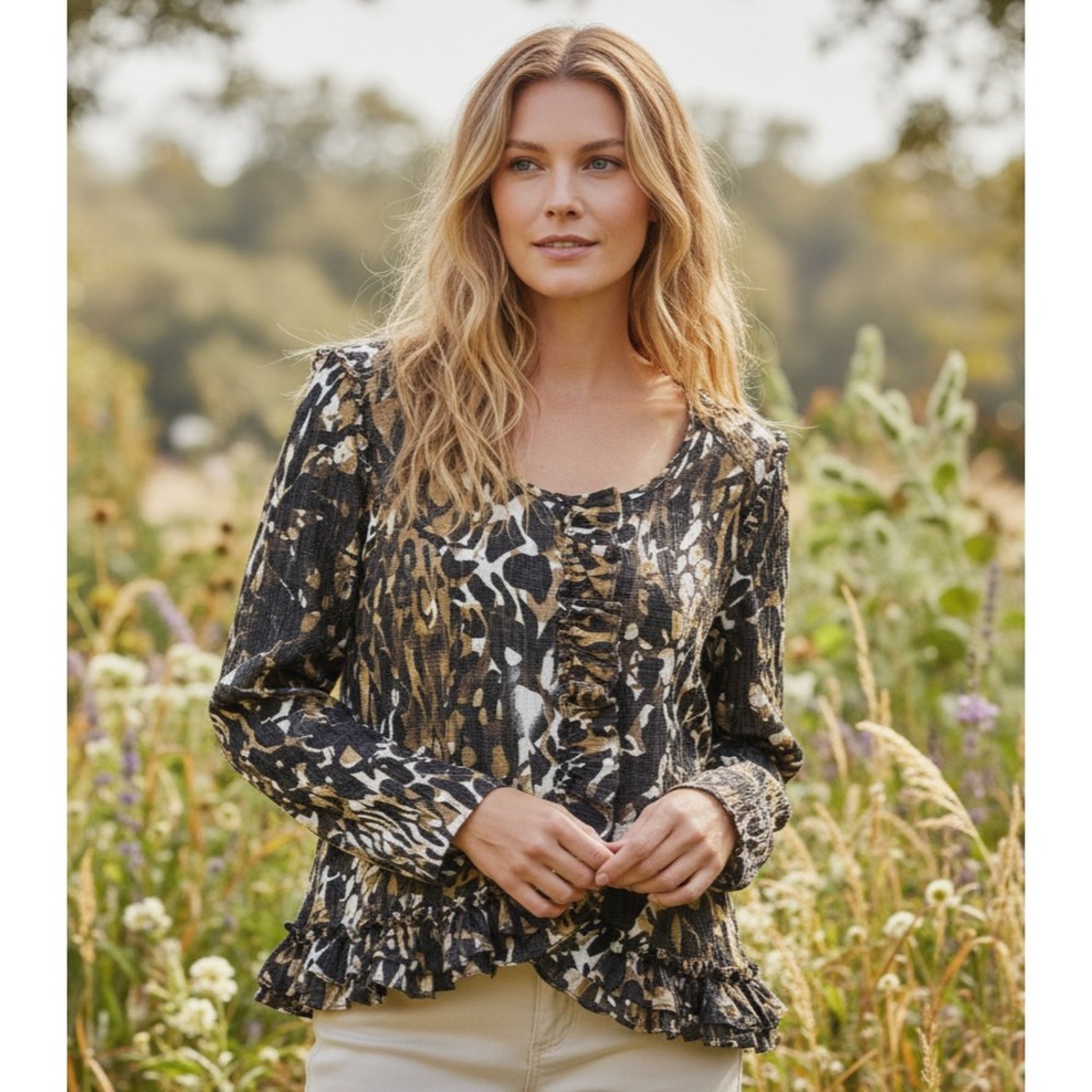 Bamboo Traders L Black Brown Floral Ruffle Jacket Blazer Artsy‎ Indie Y2K Witchy